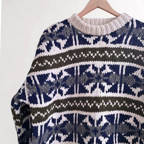Vintage 100% Wool Scandi Nordic Sweater Cabincore Apres Ski Blue Cream Fair Isle - Picture 5 of 10